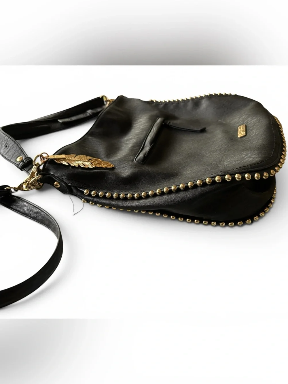 Jessica Simpson Textured Black Vegan Gold Studded Hobo Bag Gold Feather Charm